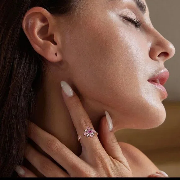 NWT S925 Sterling Silver Pink CZ Cross Fleur-De-Lis Design Open Adjustable Ring - Picture 9 of 12